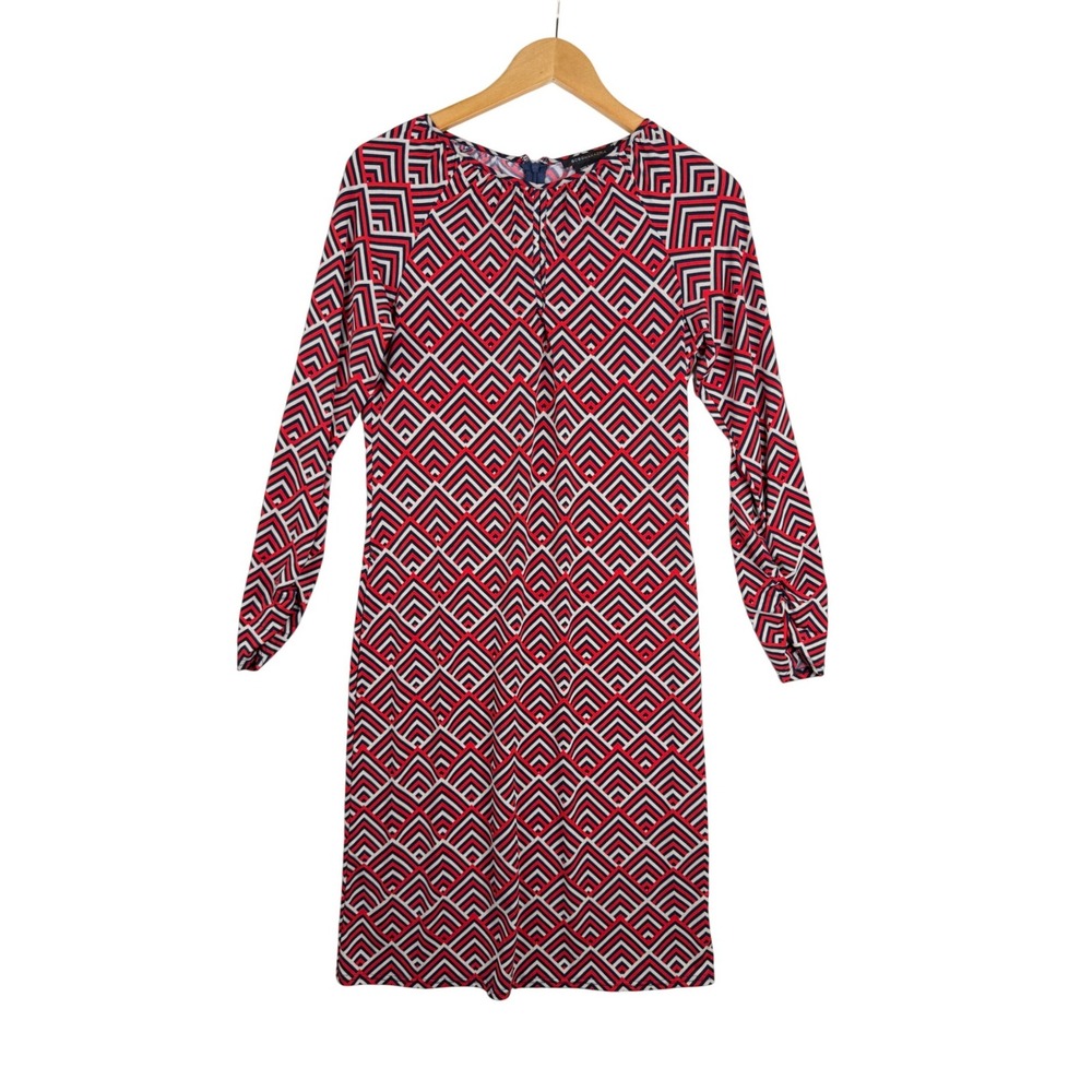 BCBGMAXAZRIA Womens Dress Size Medium Red Blue Geometric Print Long Sleeve